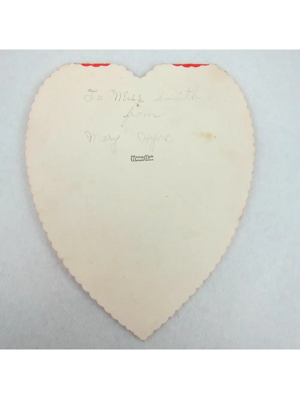 Vintage Valentine Card Whitney Made LARGE Heart Shape Red & Gold Girl in Bonnet